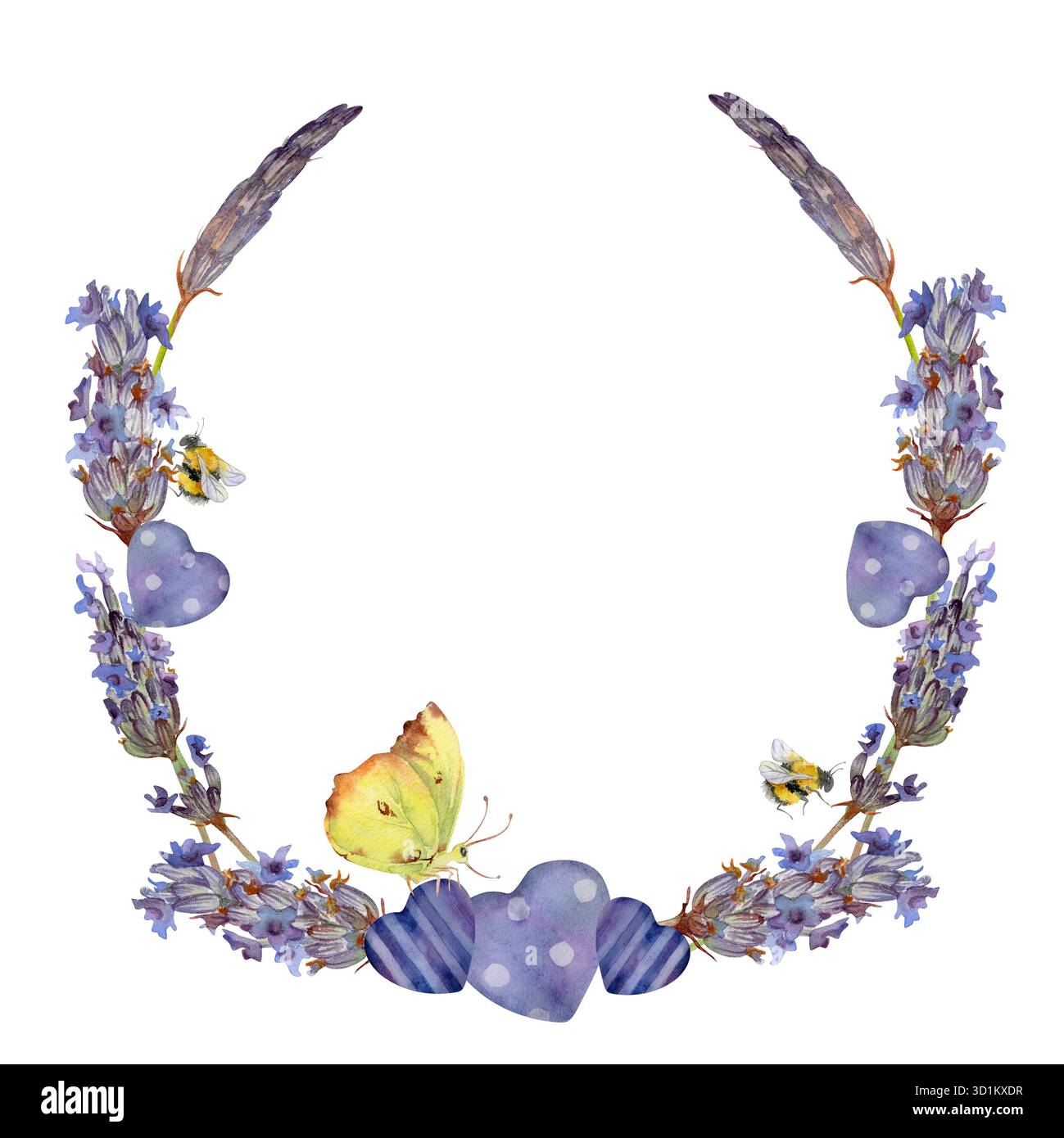 Schmetterling auf Lavendelblüte lavandula, dekorative Herzformen. Isolierte Kranzrahmen-Illustration handgezeichnet in Aquarell. Etikett für Bio-Produkte Stockfoto