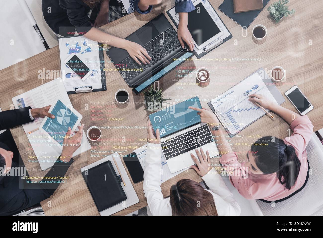 Unsicherer und fehlerhafter Programmiercode voller Fehler und seltsamer Logik. Code enthält unsichere Abfragen, fehlerhafte Validierung, seltsame Funktionen und prog Stockfoto