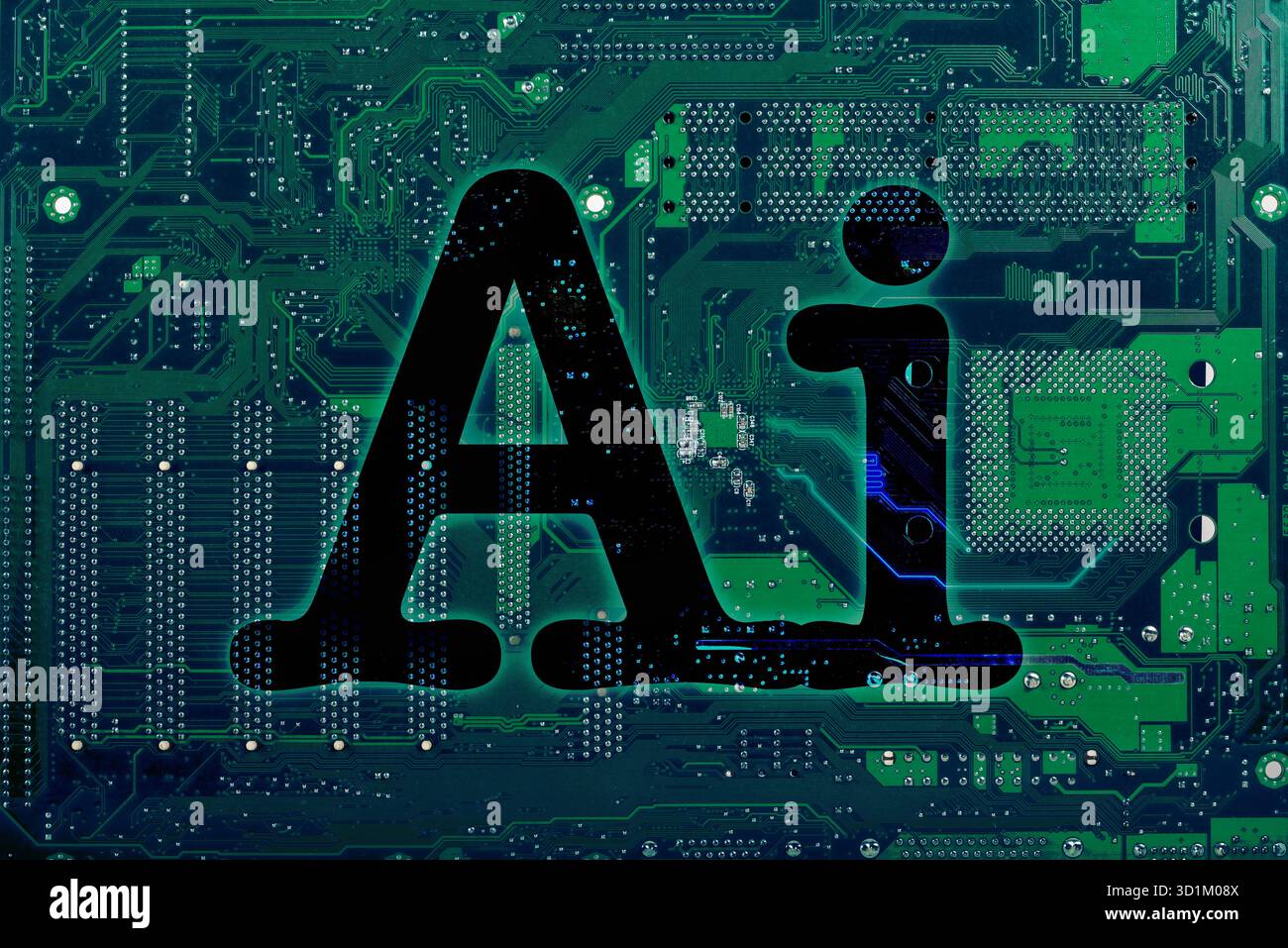 KI-Symbol über einem Computermotherboard-Konzept für künstliche Intelligenz in neuer Technik Stockfoto