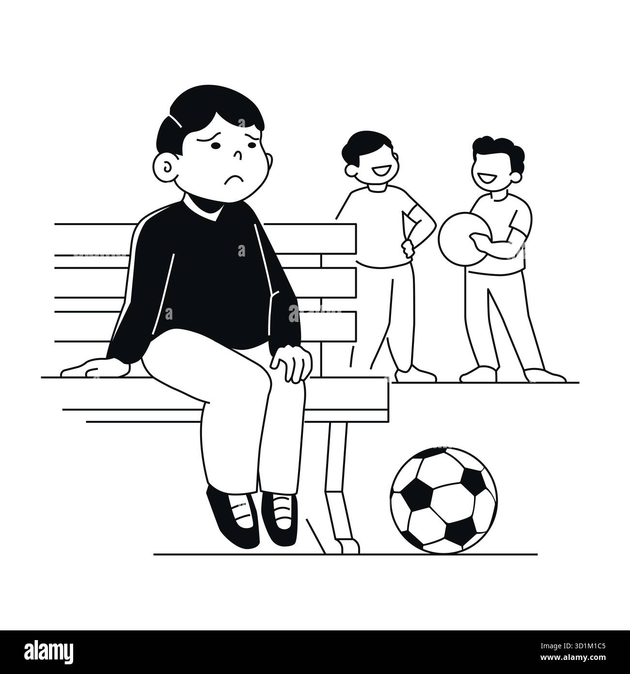 Ausgeschlossener Junge auf Bank - Schwarzweiß flache Design-Illustration Stock Vektor