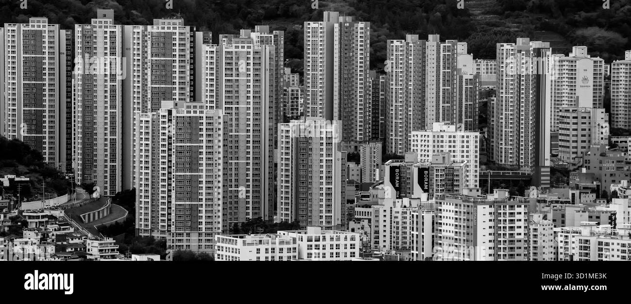 BUSAN, SÜDKOREA - 9. OKTOBER 2025 - Busans Stadtbild zeigt eine dichte Reihe von Wohnhäusern in Schwarz-weiß Stockfoto