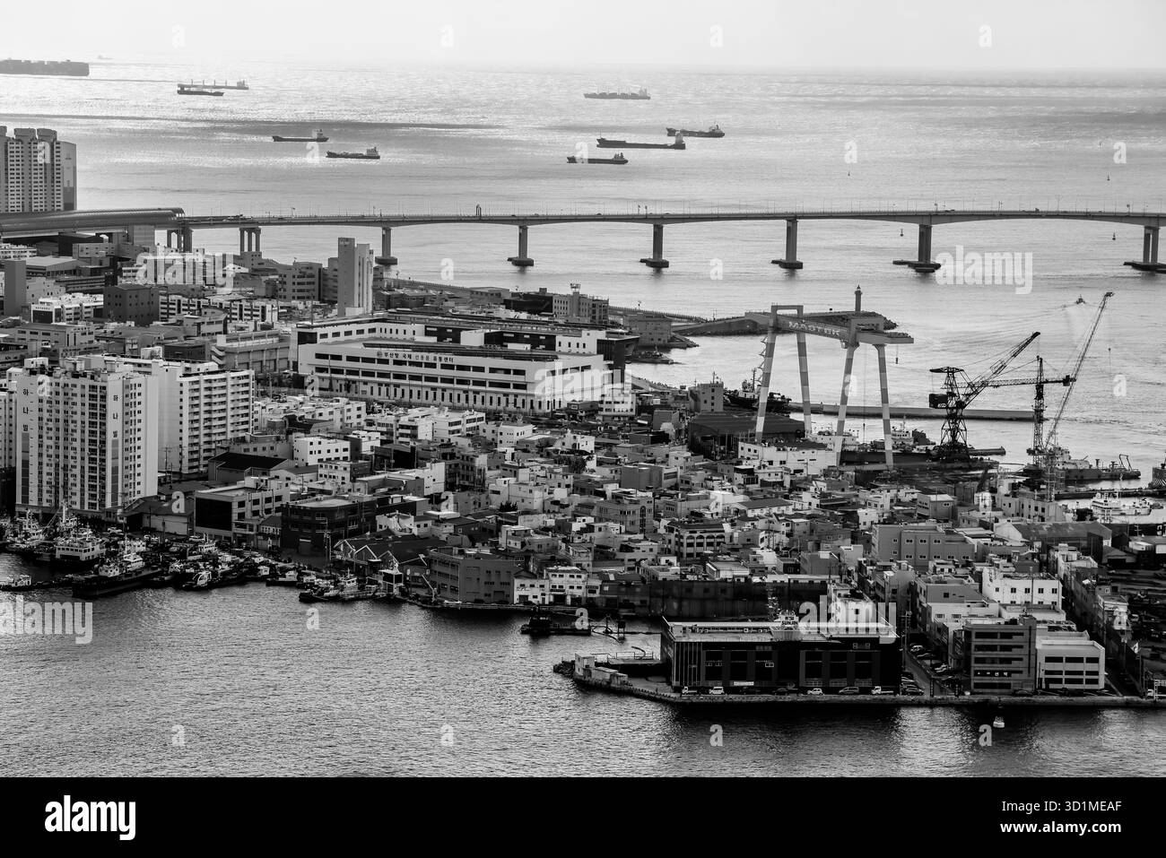 BUSAN, SÜDKOREA - 9. OKTOBER 2025 - Busans Stadtbild zeigt einen belebten Hafen mit mehreren Schiffen, einer Brücke und städtischen Gebäuden Stockfoto