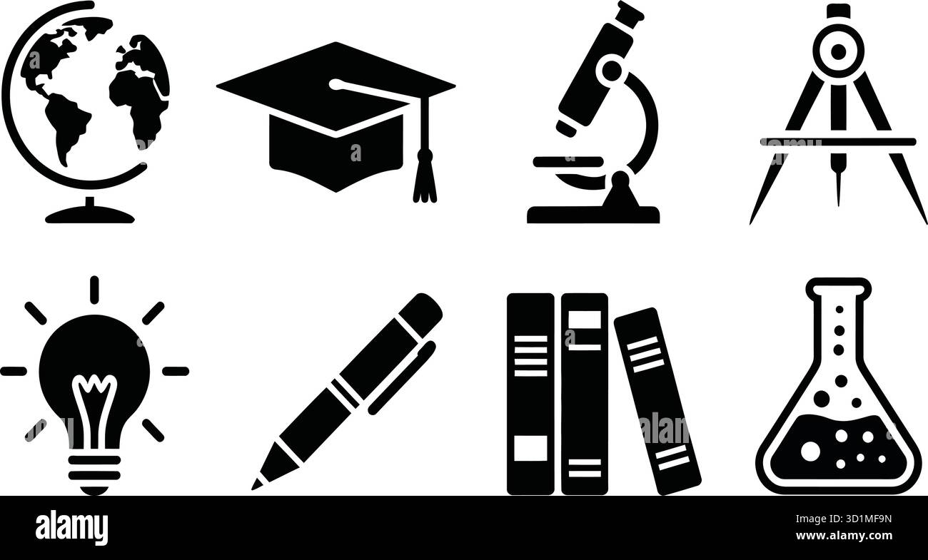 Bildungs- und Wissenschaftssymbole mit Globus, Büchern, Kolben, Mikroskop, Stift, Kompass, Glühlampe und Graduierungskappe in Schwarz-weiß Stock Vektor