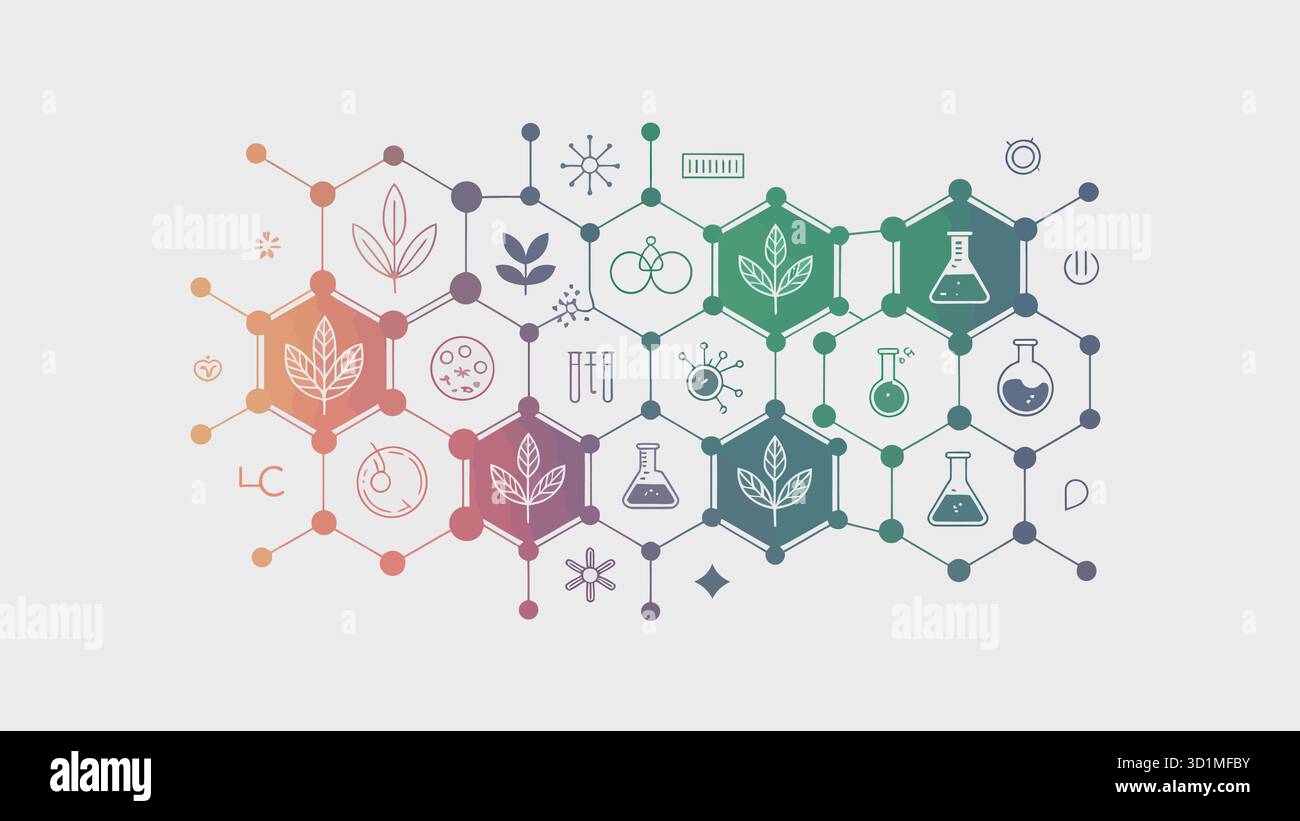 Bienenwabenillustration mit Wissenschafts- und Natursymbolen einschließlich DNA, Kolben, Blatt und Atom für Biotechnologie, Forschung und Umwelt Stock Vektor