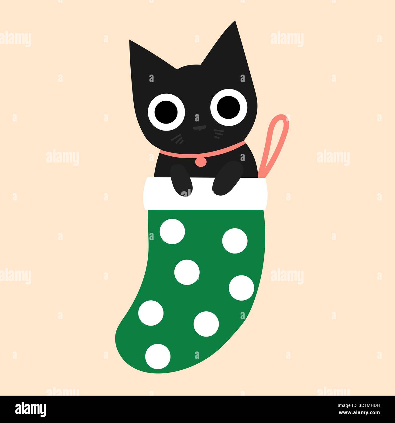 Schwarze Katze mit großen Augen, die in einem grünen Weihnachtsstrumpf mit weißen Punkten sitzt. Stock Vektor