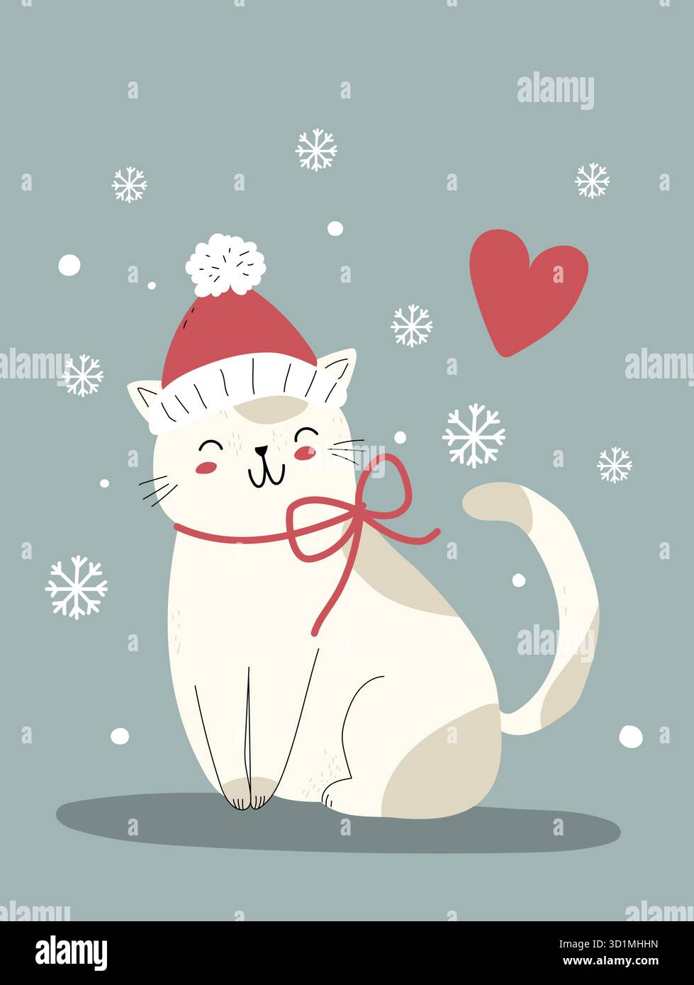 Lächelnde weiße Katze in einem roten Weihnachtsmann-Hut mit roter Schleife, umgeben von Schneeflocken und einem Herz. Stock Vektor