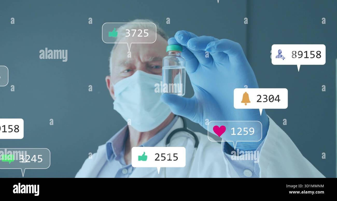 Maskierter Handschuharzt mit Stethoskop, das grünverschlossene Fläschchen in der Klinik mit sozialen Ikonen hält Stockfoto