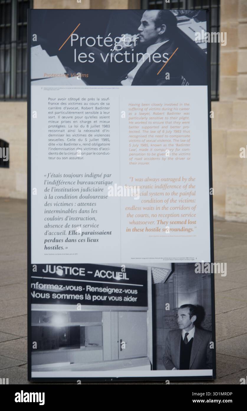 Paris, Frankreich. Oktober 2025. • Termine: Sie läuft vom 6. Oktober bis 14. November 2025. • Thema: Die Ausstellung zeichnet Robert Badinter seine Karriere als Siegelhüter nach, insbesondere seine wichtige Rolle bei der Abschaffung der Todesstrafe in Frankreich sowie sein Vermächtnis für die französische Justiz. Quelle: Said Anas/Alamy Live News Stockfoto