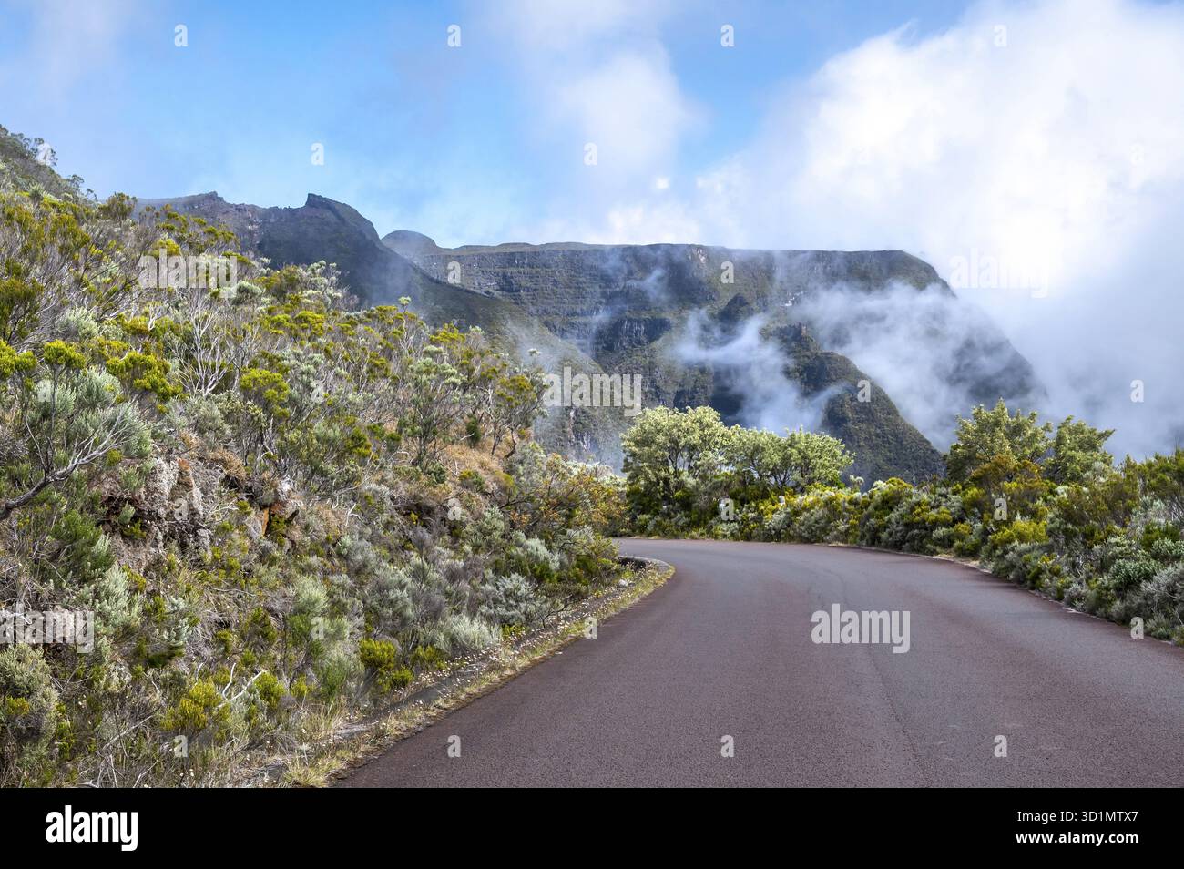 Die kurvige Route du Volcan schlängelt sich bergab durch die kontrastreiche Landschaft, mit silbrig-grünen und grauen Hochlandbüschen (Maquis von Branle) dominieren Stockfoto