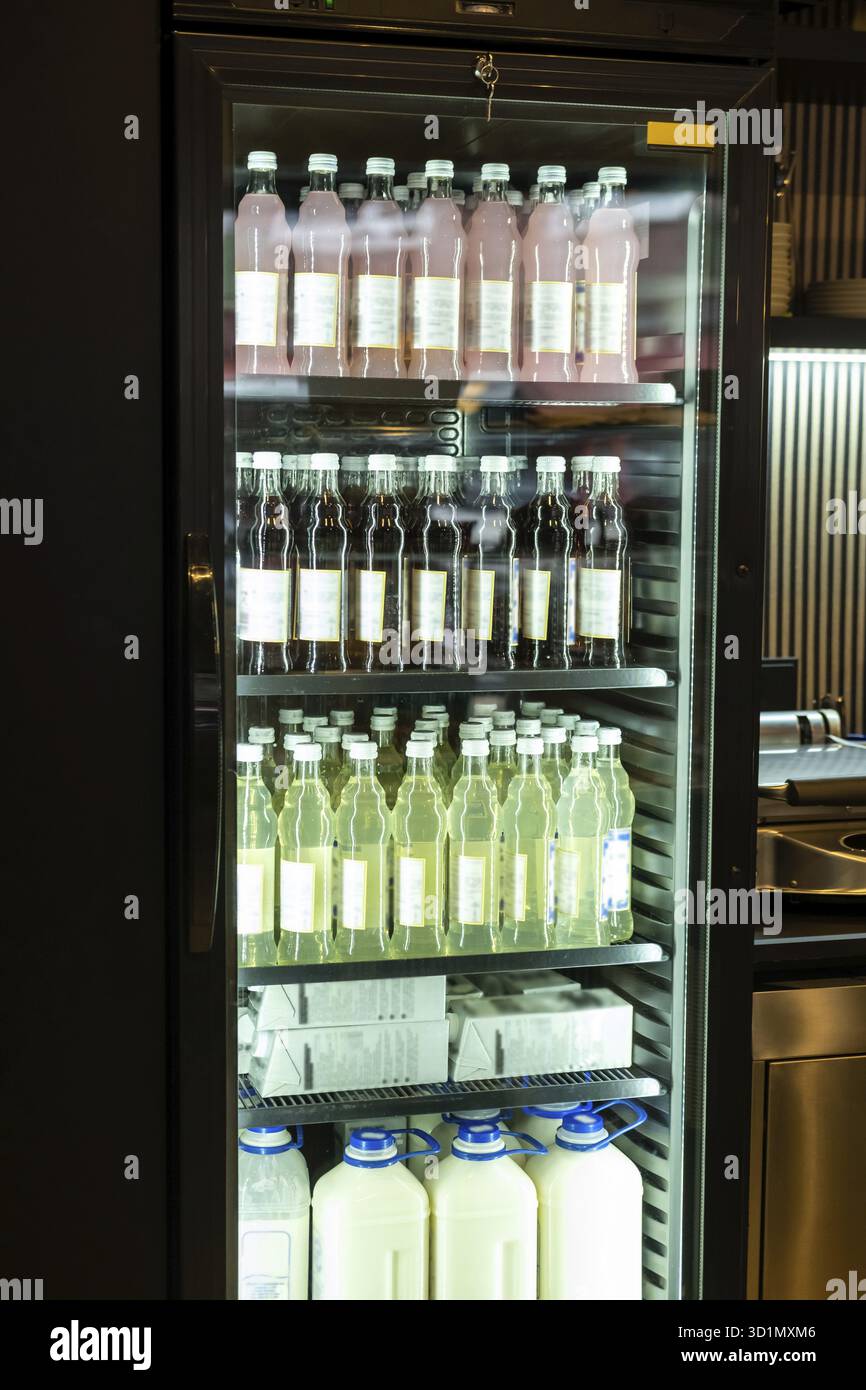 Nahaufnahme eines gekühlten Vitrinenschranks mit bunten Softdrinks und Milch in Glas- und Plastikflaschen auf den Metallregalen Stockfoto