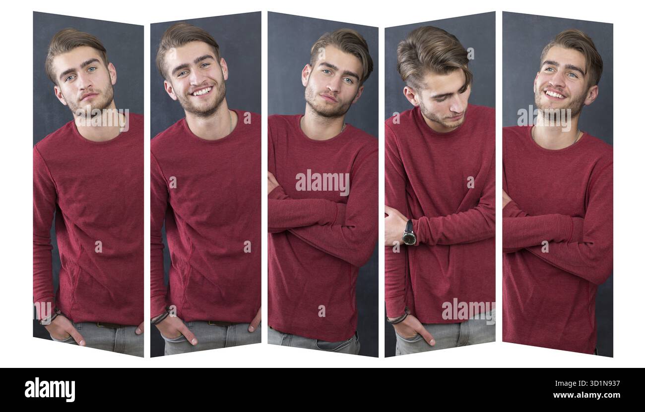Collagebild eines Mannes in verschiedenen Posen. Junger hansome Mann Stockfoto