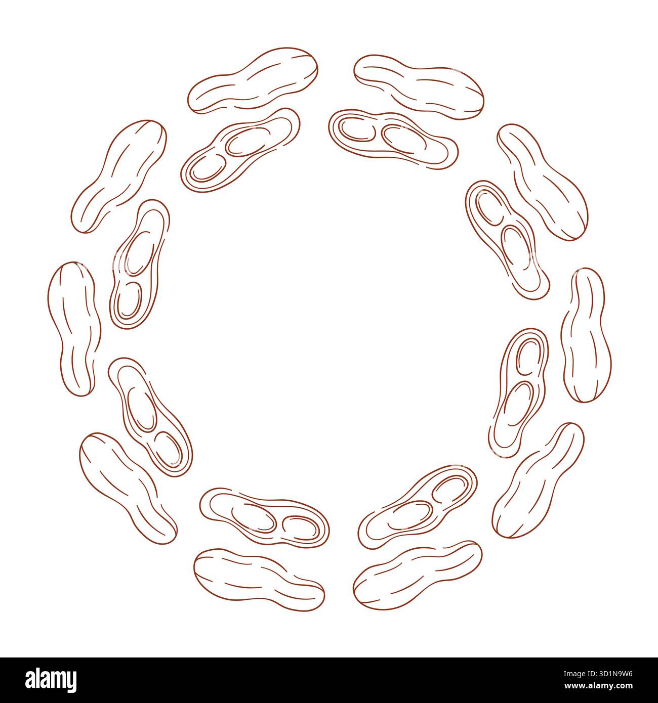 Kreisförmiger Kranz mit Erdnuss in der Schale und Hälften auf weißem Hintergrund in der Illustration im Linienart-Stil angeordnet. Stock Vektor
