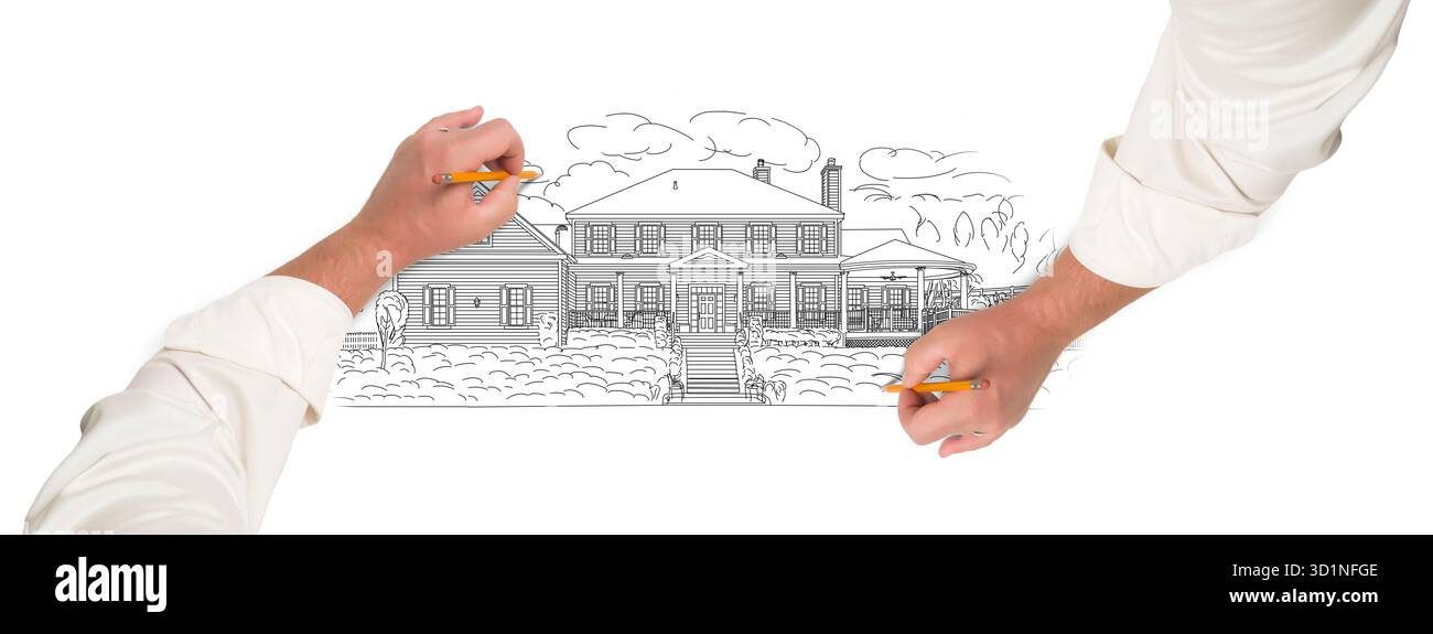 Männliche Hände zeichnen Ein wunderschönes Haus Stockfoto