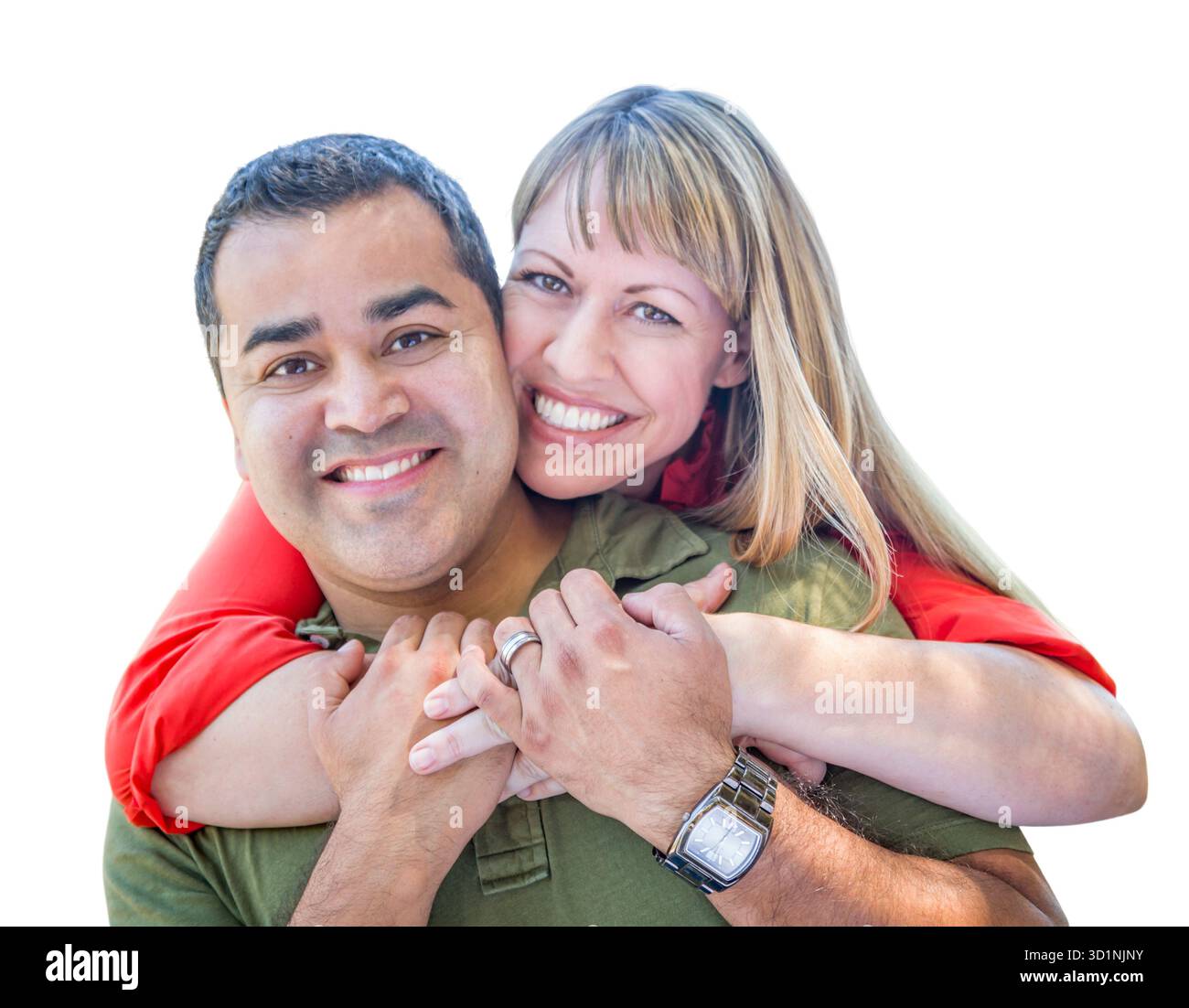 Attraktives gemischtes Race-Paar auf weiß Stockfoto