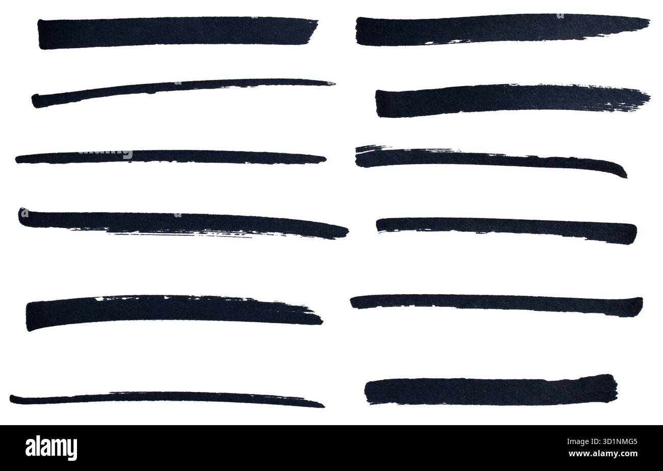 Handgezeichneter schwarzer Pinselstrich-Satz, abstrakte Tintenlinien-Kollektion für Unterstreichung, Hervorhebung, Texttrennzeichen, Designelement, Kritzelskizze, Isolat Stockfoto