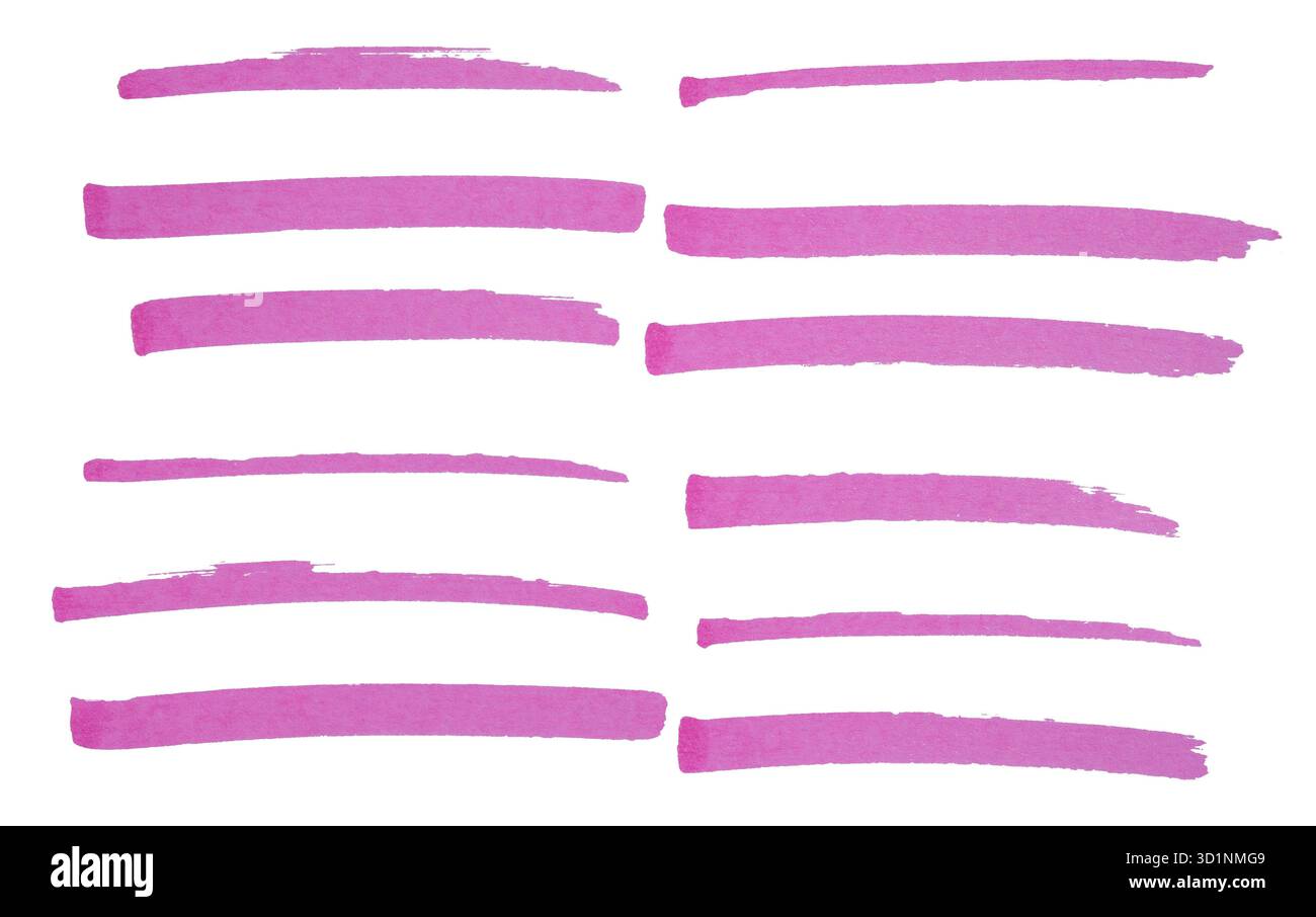 Handgezeichnetes Pinselstrichset mit Pinselstrichen, abstrakte Tintenlinien für Unterstreichung, Hervorhebung, Texttrennzeichen, Designelement, Kritzelskizze, isolieren Stockfoto