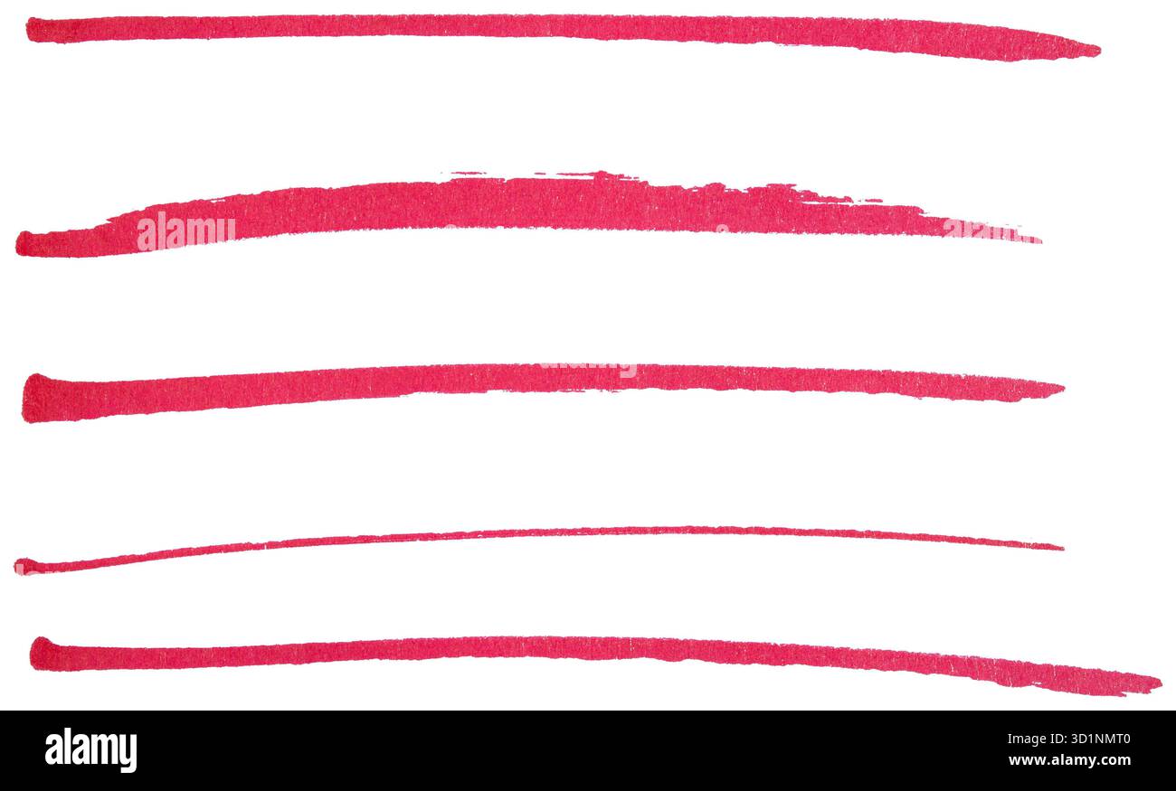 Handgezeichneter roter Pinselstrich, abstrakte Tintenlinien-Kollektion für Unterstreichung, Hervorhebung, Texttrennzeichen, Designelement, Kritzelskizze, isoliert Stockfoto