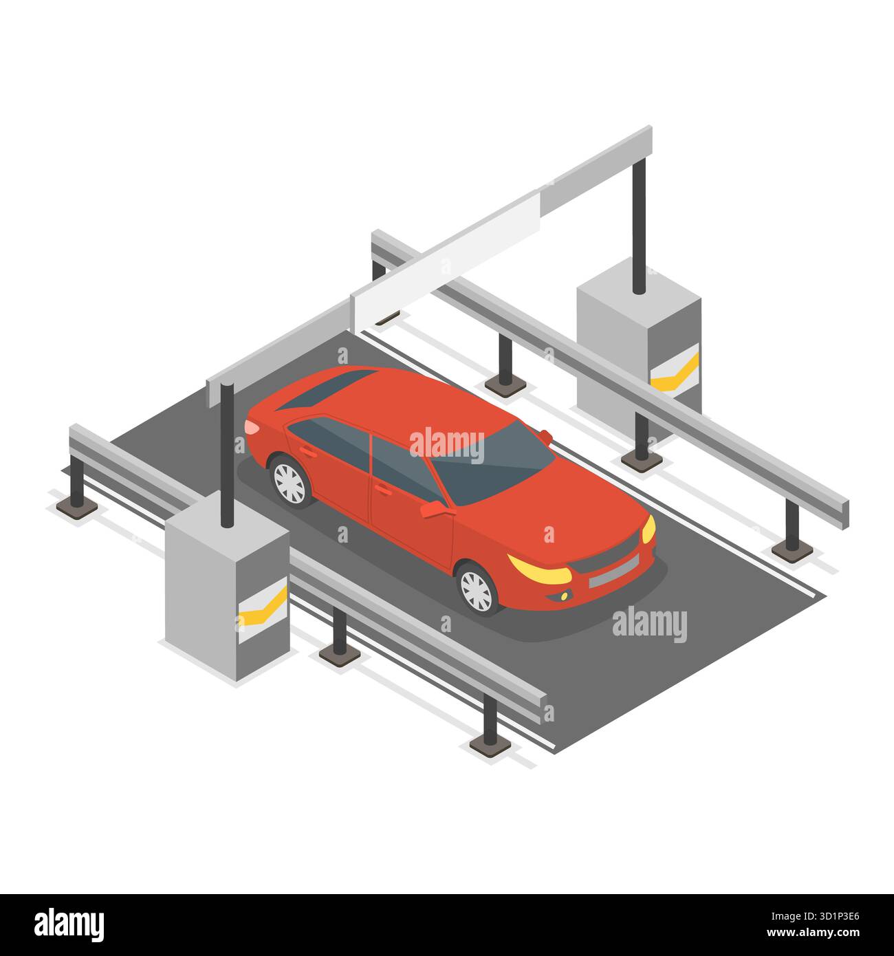 Isometrische flache 3D-Illustration von elektronischen Mautgebühren, Bahnhofstor. Punkt 1 Stockfoto