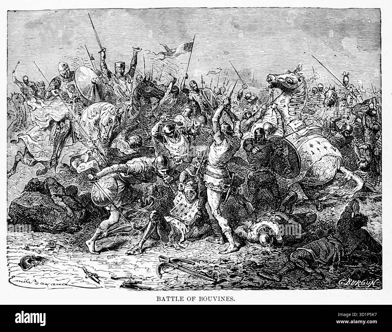 Schlacht von Bouvines aus Kapitel XCIII. England und Frankreich im dreizehnten Jahrhundert in Band 12, von Ridpath's Universal History : ein Bericht über den Ursprung, den primitiven Zustand und die ethnische Entwicklung der großen Rassen der Menschheit und über die Hauptereignisse in der Entwicklung und dem Fortschritt des zivilisierten Lebens unter Menschen und Nationen, aus neueren und authentischen Quellen mit einer vorläufigen Untersuchung über die Zeit, den Ort und die Art des Beginns von Ridpath, John Clark, 1840-1900, veröffentlicht 1897 Stockfoto