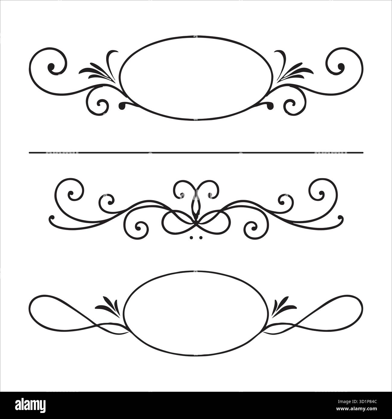 Set aus 3 eleganten ovalen Rahmen mit schwarzem Blumenmuster und verzierten Trennblättern mit Wirbel Vektor-Kollektion Stock Vektor