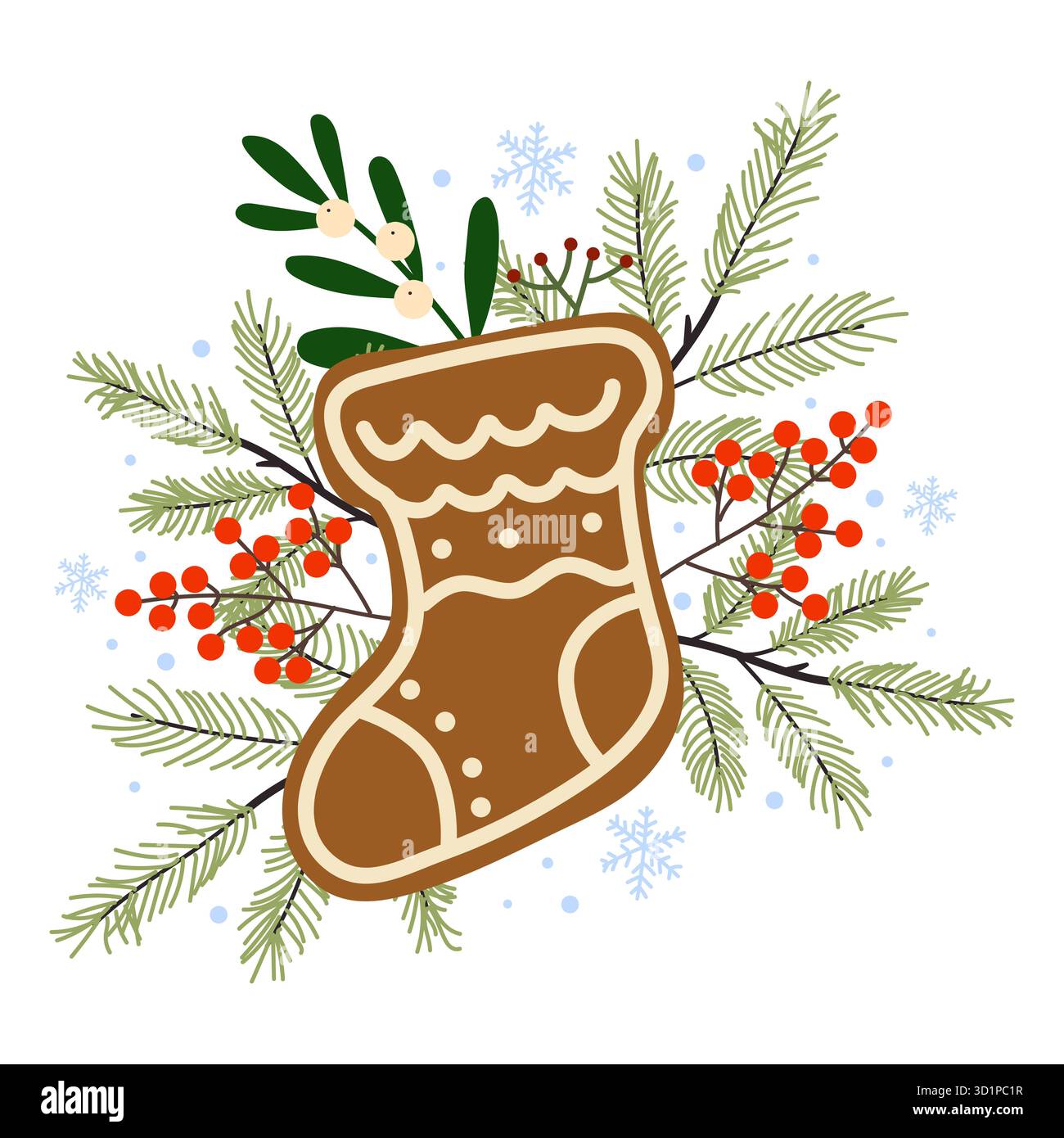 Ein Lebkuchenstrumpf voller Grün und Beeren sitzt auf weißem Hintergrund. Zarte Schneeflocken unterstreichen den festlichen Geist der Urlaubssee Stock Vektor