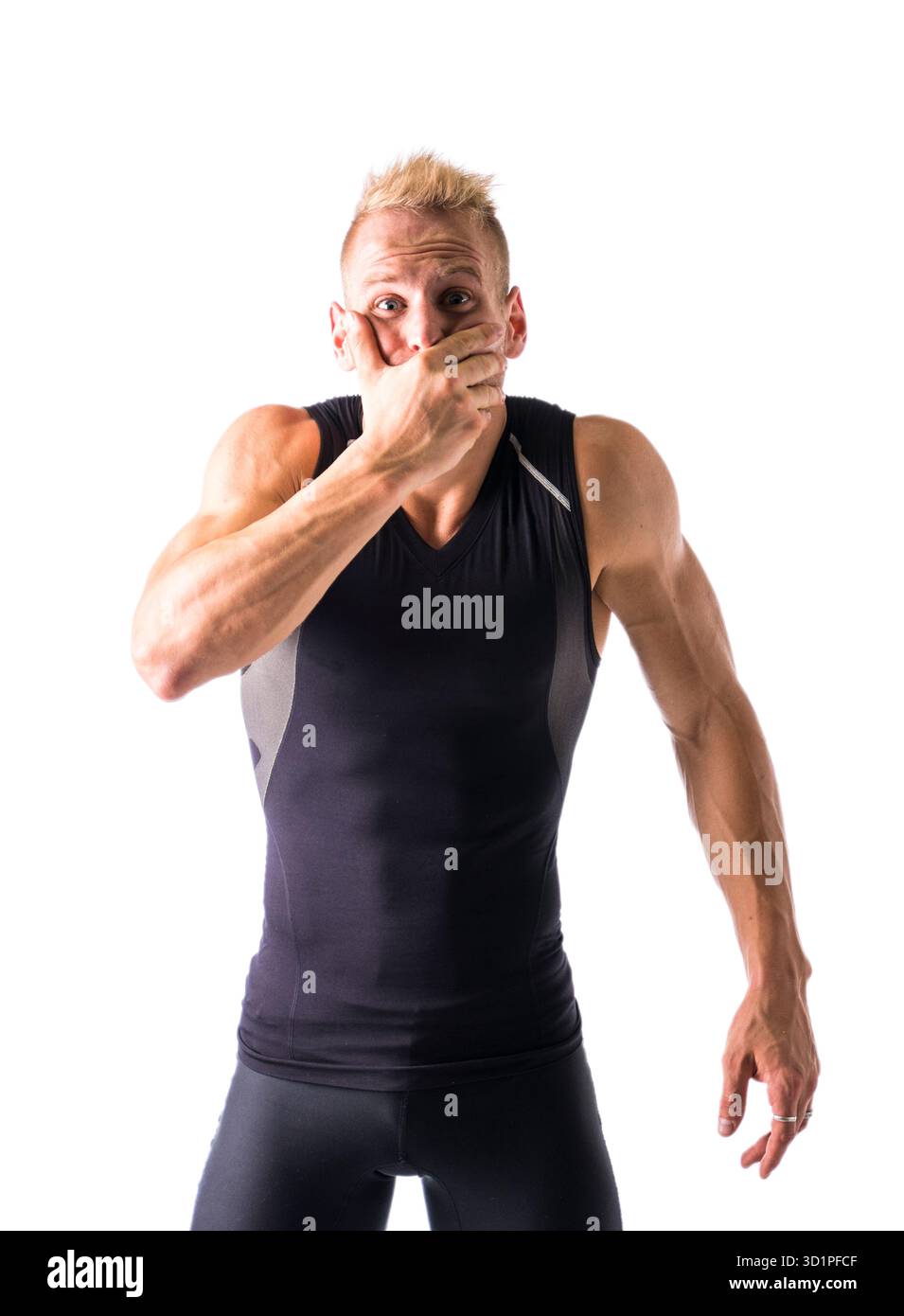 Hübscher junger Mann den Mund mit der hand Stockfoto