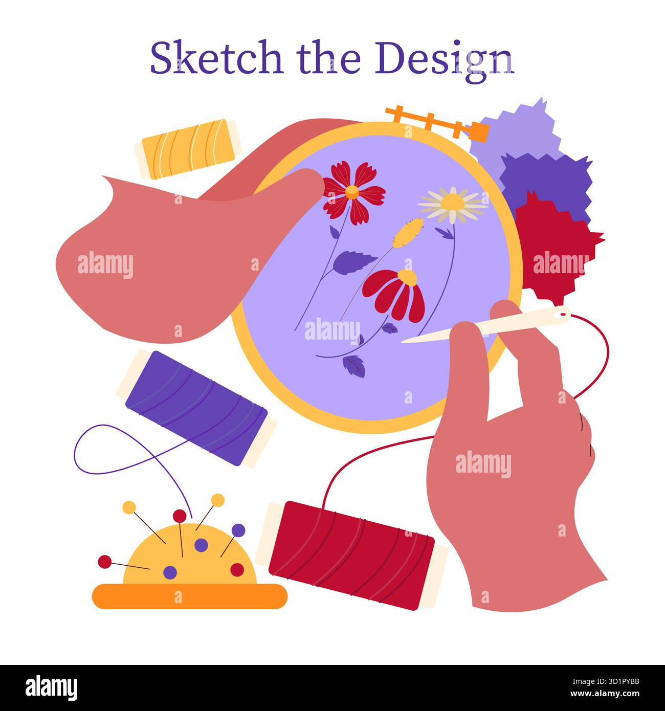 Vektor-Illustration, die einen kreativen Stickprozess mit Händen zeigt, die an floralen Designs in einem Ring arbeiten, umgeben von bunten Fäden und Pins, die Handwerkskunst hervorheben. Stock Vektor