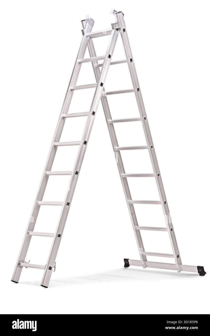 Studio-Aufnahme einer Teleskopleiter isoliert auf weißem Hintergrund Stockfoto