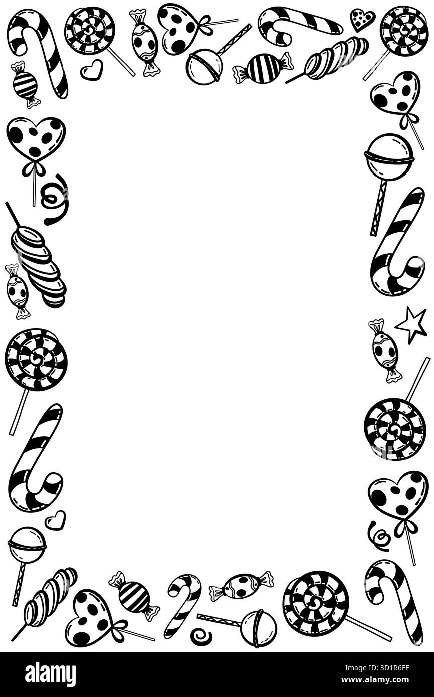 Rahmen aus Süßigkeiten, Lutscher und Karamell. Handgezeichnete Doodle-Illustration. Stock Vektor