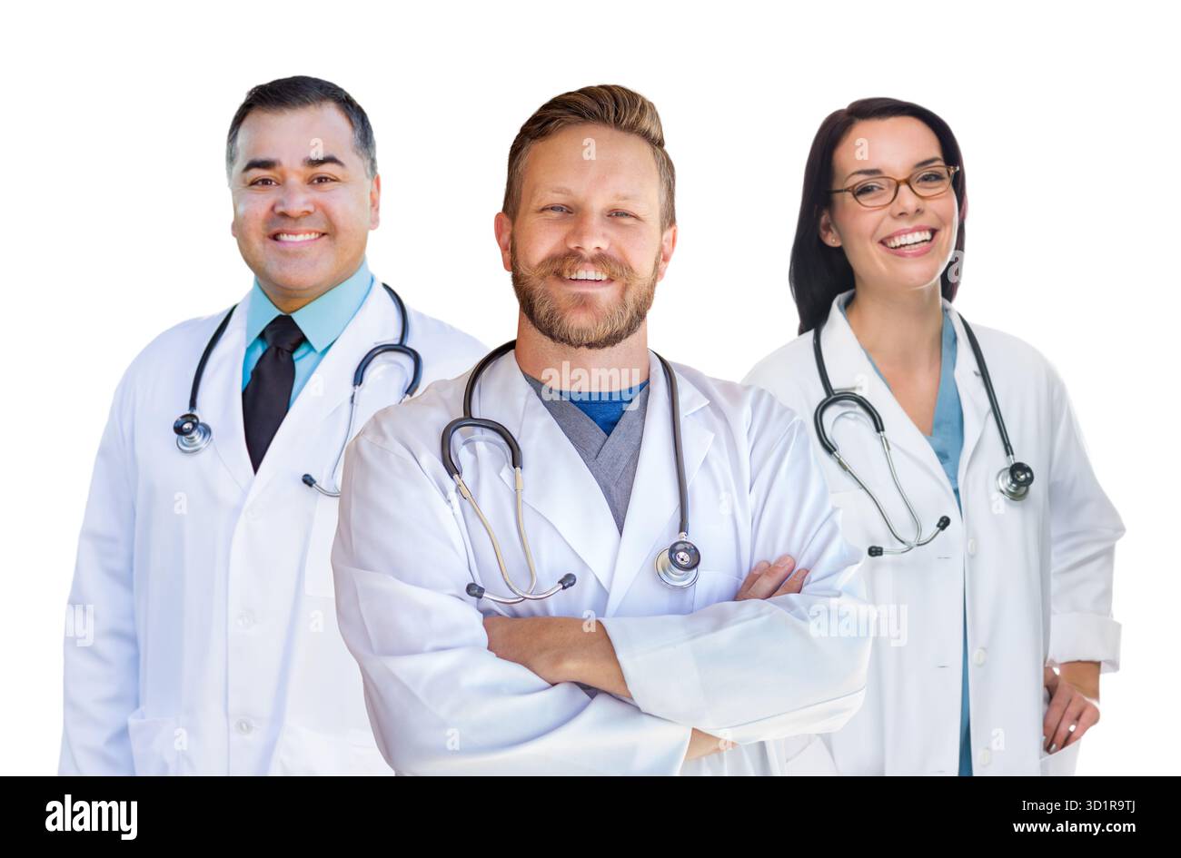 Gruppe von gemischten Rassen männliche und weibliche Ärzte von Krankenschwestern isoliert auf weißem Hintergrund Stockfoto