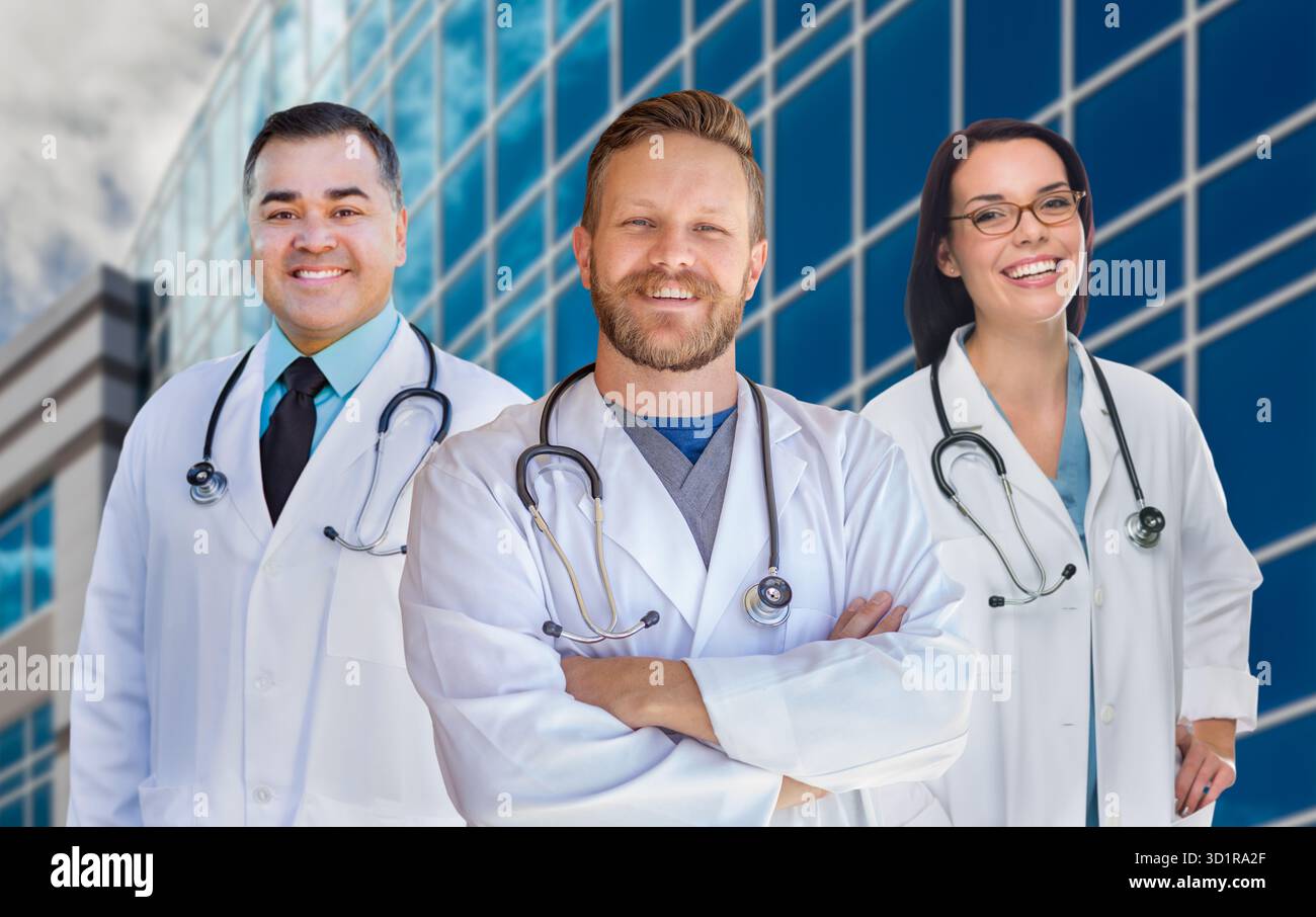 Gruppe von männlichen und weiblichen Ärzten oder Krankenschwestern mit gemischter Rasse vor dem Krankenhausgebäude Stockfoto