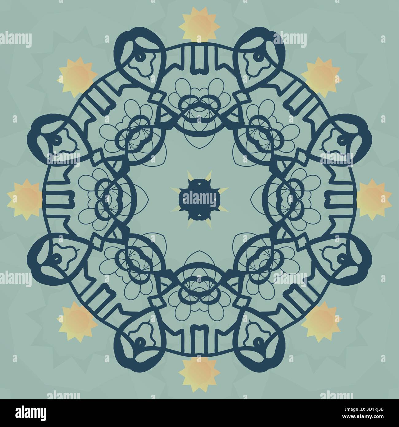 Stilisierte Mandala-Blume auf grünem Hintergrund, Vektorgrafik Stockfoto