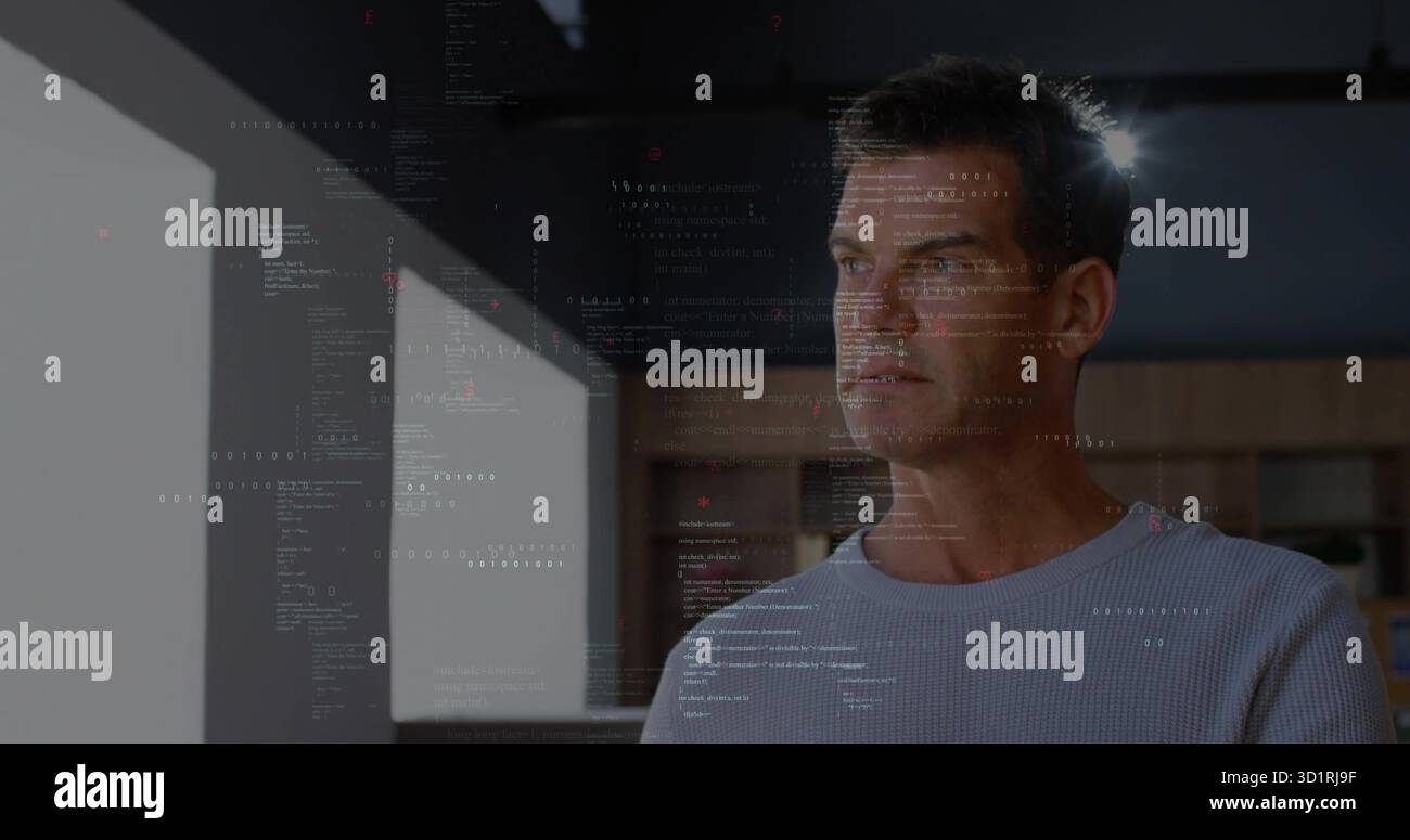 Anzeigen von Softwareentwicklern, die durch das Bürofenster mit Schränken blicken, wobei Codemuster überlagert werden Stockfoto