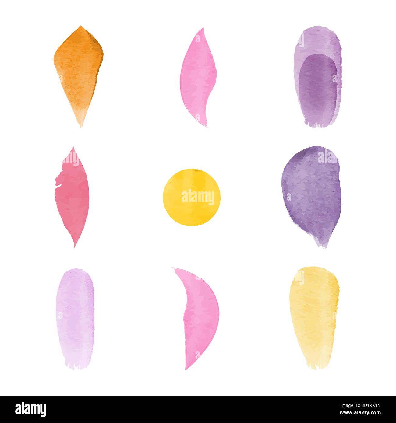 Ein Raster aus neun Aquarellformen in verschiedenen Farben. Die Formen ähneln Blütenblättern, Pinselstrichen und abstrakten Formen, die auf einem sauberen, weißen Hintergrund dargestellt werden. Stock Vektor
