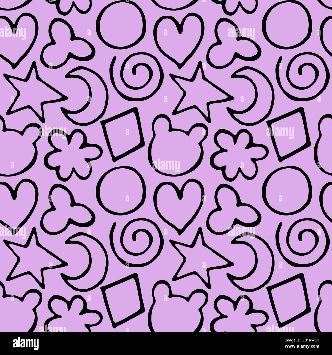 Illustration nahtlose Muster Doodle Hand gezeichnete Herzen Sterne tragen Kopf Flieder Lavendel Hintergrund Stockfoto