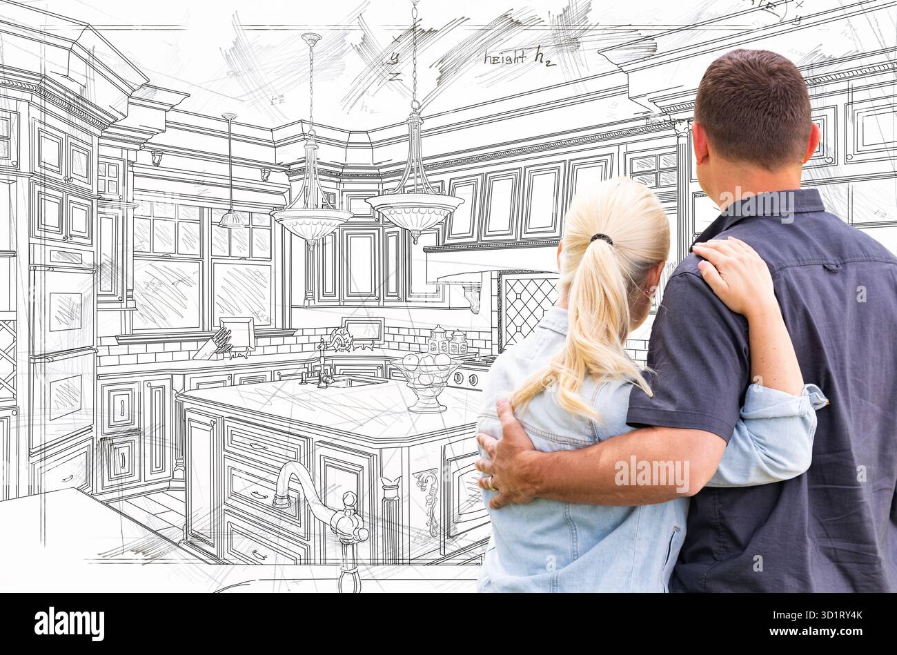 Junge Erwachsene Paare Mit Blick Auf Benutzerdefinierte Küche Zeichnung Design Details Stockfoto