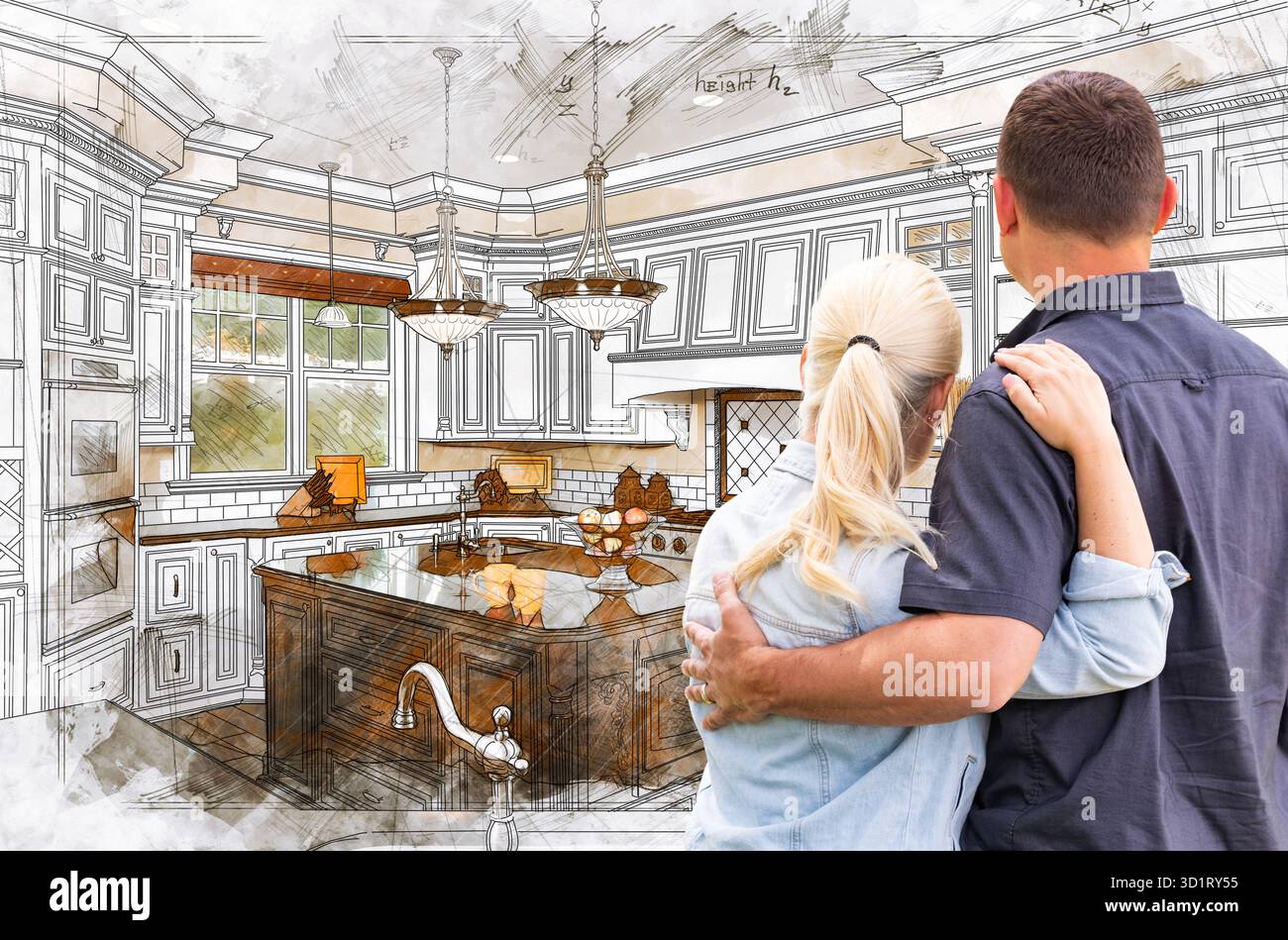Junge Erwachsene Paare Mit Blick Auf Benutzerdefinierte Küche Zeichnung Design Details Stockfoto