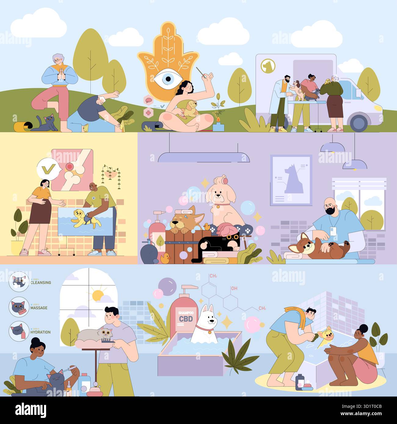 Vektor-Illustration, die Menschen zeigt, die Yoga mit Haustieren üben, Hunde in einem Salon pflegen, Haustiere baden und CBD-Produkte für die Haustierpflege verwenden. Betont Wellness und Entspannung. Stock Vektor