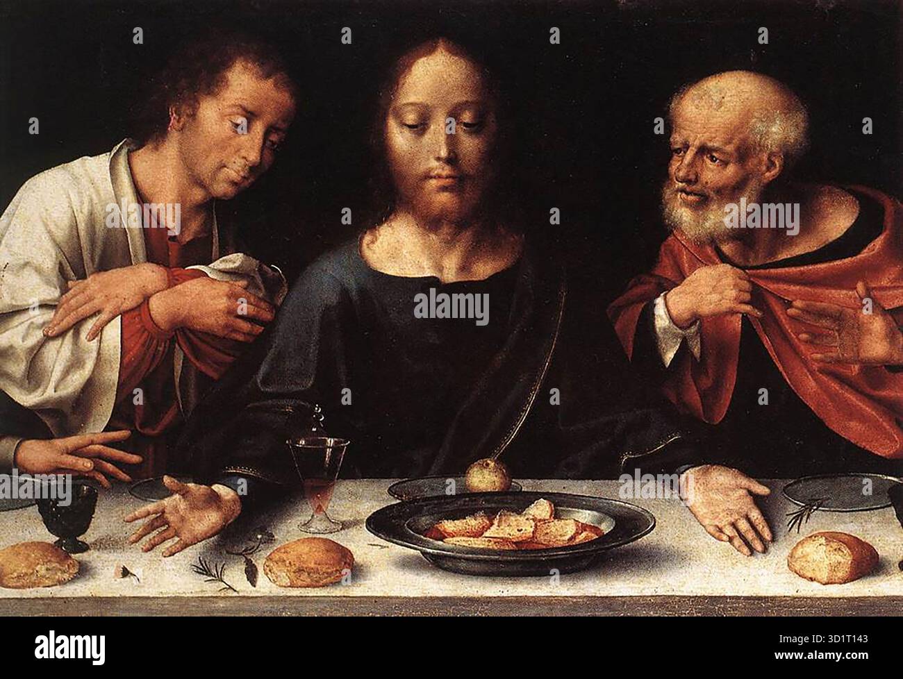 CLEVE, Joos van (* 1485, Antwerpen, d. 1540, Antwerpen) Altar der Klage (Detail) - Öl auf Holz, 45 x 206 cm (gesamte Predella) Mus?e du Louvre, Paris die Predella des Altaraufsatzes zeigt das letzte Abendmahl. Dieses Detail zeigt den zentralen Teil der Predella mit Jesus. --- Schlüsselwörter: ----------------- Autor: CLEVE, Joos van Titel: Altarbild der Klage (Detail) Zeitlinie: 1501-1550 Schule: Flämische Form: Malerei Typ: Religiös Stockfoto