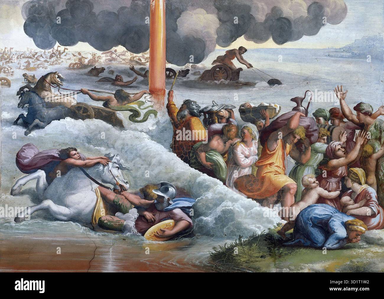 Die Überquerung des Roten Meeres ist ein Fresko von Raffaello Sanzio (1483–1520), das Teil der Dekoration der Loggetta (kleine Loggia) im Apostolischen Palast in Vatikanstadt ist. Das Fresko zeigt die wundersame Passage der Israeliten durch das Rote Meer, geführt von Moses, während die Armee des Pharao überwältigt ist. Raphaels Komposition verbindet dynamische Bewegung, expressive Gesten und sorgfältige räumliche Anordnung und veranschaulicht die Klarheit, Harmonie und erzählerische Präzision der Freskenmalerei der Hochrenaissance. Stockfoto