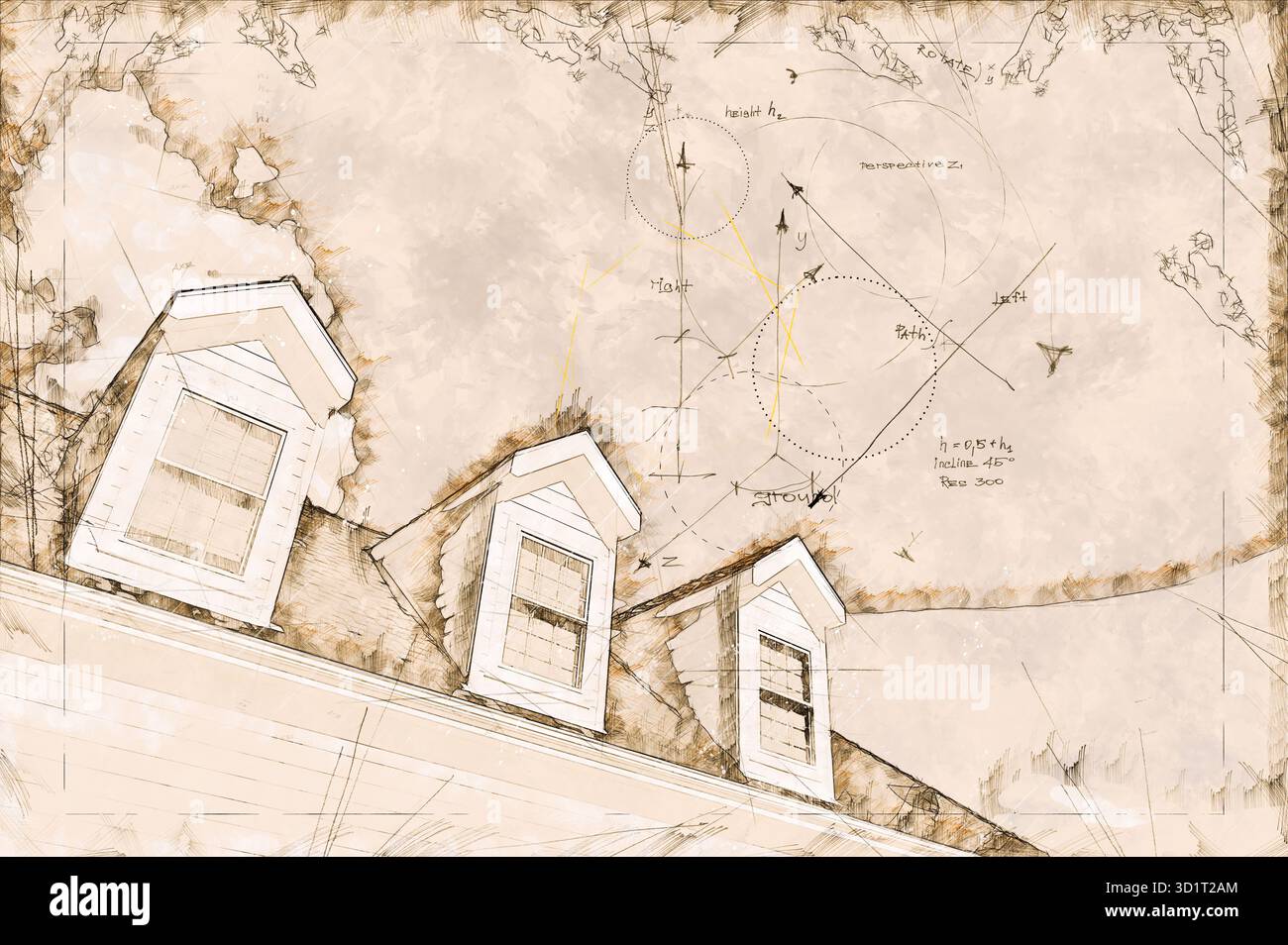 Künstler-Rendering-Skizze von Wohndächern und Dachdächern Stockfoto