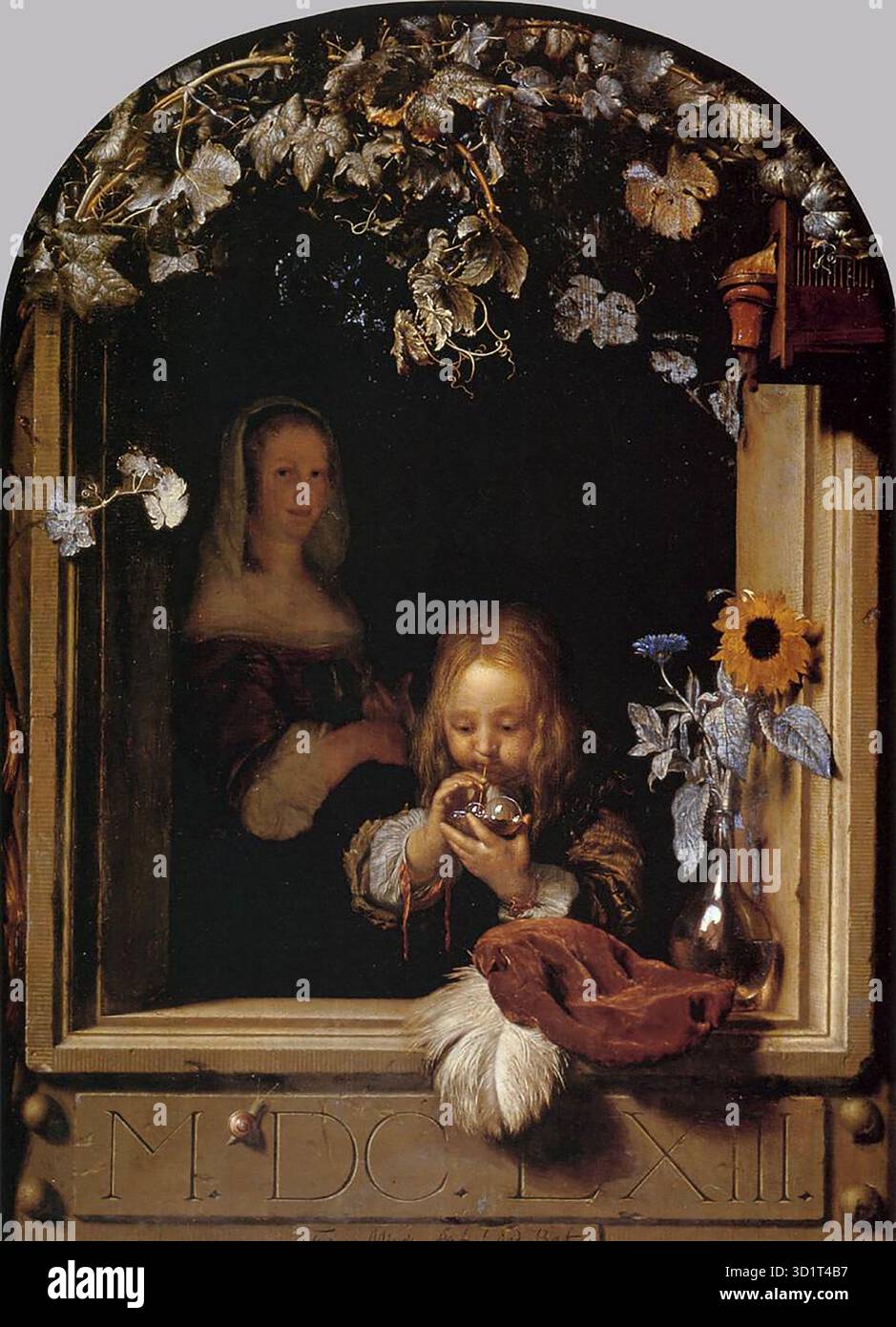 MIERIS, Frans van, der ältere (* 1635, Leiden, d. 1681, Leiden) Junge bläst Bubbles - Öl auf Platte, 30 x 19 cm Mauritshuis, den Haag das Motiv des Blasens in der niederländischen Kunst wird traditionell mit dem lateinischen Ausdruck „Homo Bulla“ (der Mensch ist wie eine Bubble) assoziiert. Dies bezieht sich auf die Vergänglichkeit der menschlichen Existenz wie: Wie eine Seifenblase, die schnell platzt, ist das Leben flüchtig. --- Schlüsselwörter: ----------------- Autor: MIERIS, Frans van, The Elder Titel: Boy Blowing Bubbles Time-line: 1651-1700 Schule: Niederländisch Form: Malerei Typ: Genre Stockfoto