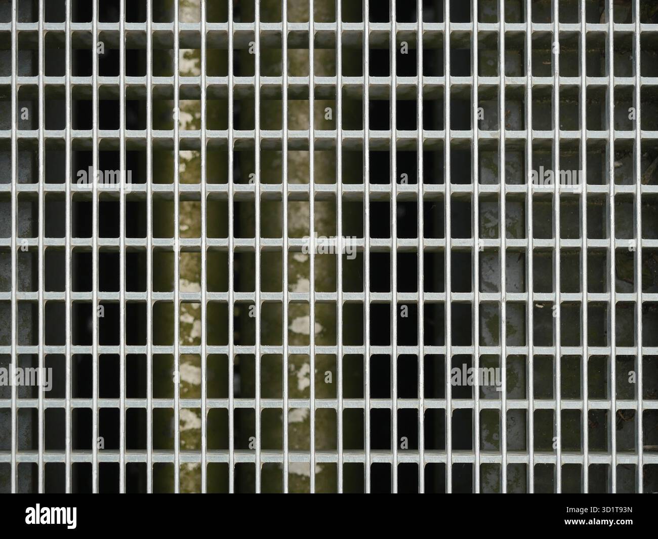 Metallgitter mit rechteckigen Öffnungen und moosigem Hintergrund. Strukturorientiert. Nahaufnahme. Kopierraum. Stockfoto