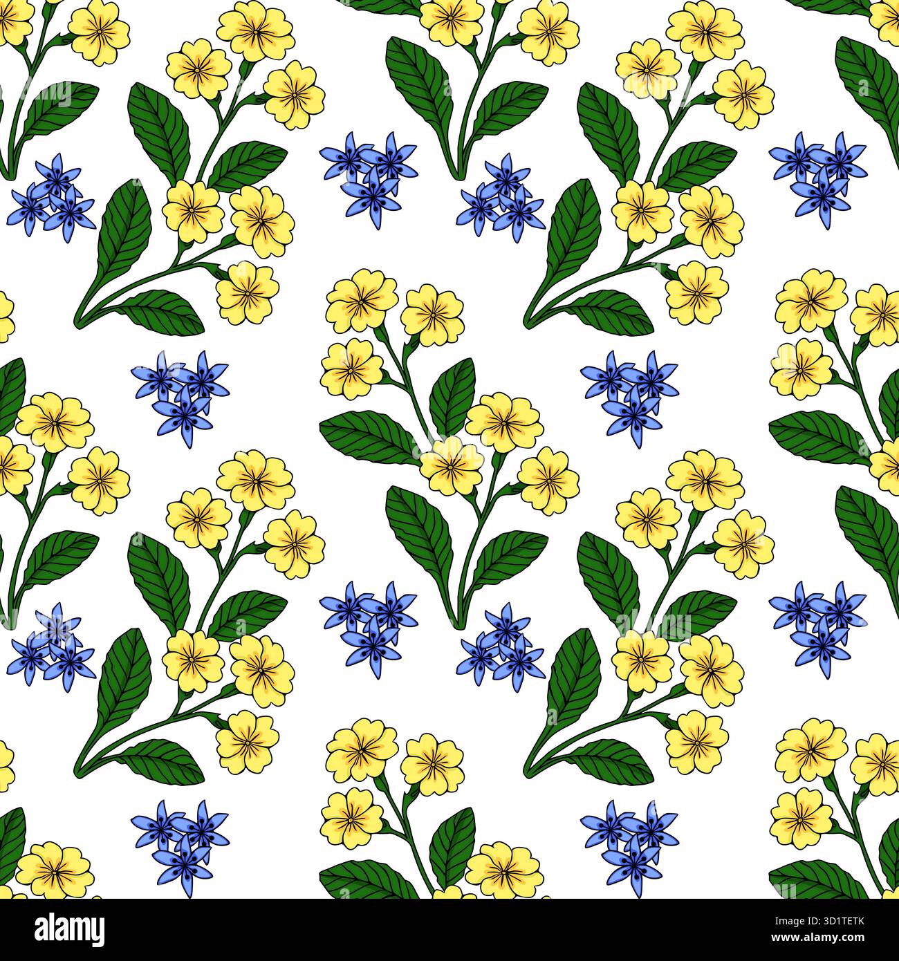 Nahtloses Vektormuster mit haufen von zarten gelben Primeln und kleinen blauen scilla-Sternblüten mit üppigen grünen Blättern auf einem sauberen wh Stock Vektor