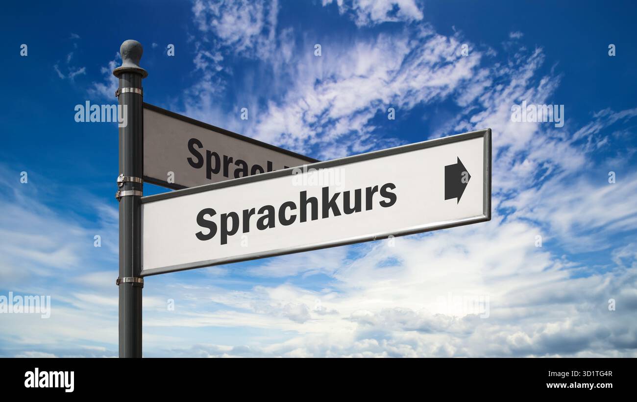 Wegweiser der direkte Weg zum Sprachkurs – Bildmontage Stockfoto