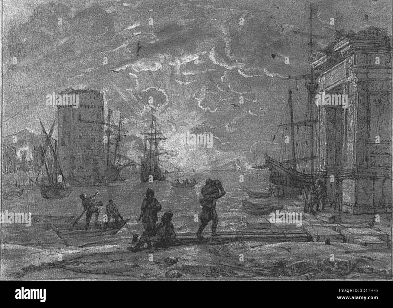 CLAUDE LORRAIN (* 1600, Chamagne, d. 1682, Roma) Harbour Scene - Pen, grau-braune Waschung auf blauem Papier, 190 x 259 mm British Museum, London diese Zeichnung entspricht dem Gemälde in Liber Veritatis (LV 19), datiert 1637 (Privatsammlung, England). Ein weiteres Gemälde aus dem Jahr 1643 in der Royal Collection, Windsor, ist eine Autogrammnachbildung des früheren Werkes, obwohl es erhebliche Unterschiede zwischen den beiden Kompositionen gibt. Der runde Turm auf der linken Seite der früheren Komposition wurde nach rechts verschoben, näher an die Gebäude am Ufer, wo er mit einem anderen verbunden ist Stockfoto