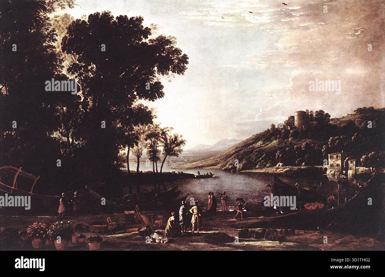 CLAUDE LORRAIN (* 1600, Chamagne, d. 1682, Roma) Landschaft mit Kaufleuten um 1630 Öl auf Leinwand, 97,2 x 143,6 cm National Gallery of Art, Washington Dies ist ein frühes Werk des Künstlers, wahrscheinlich um 1630, bevor er den Liber Veritatis begann. Claudes früheste erhaltene Bilder stammen in der Regel aus dem Jahr 1630, obwohl er erst Mitte der 1630er Jahre damit begann, genaue Aufzeichnungen zu führen Zu dieser Zeit war er bereits reif, und so sind es die Beweise der undatierten Bilder, dass seine ersten zögerlichen Schritte rekonstruiert werden müssen. Die Tatsache, dass er sich so schnell entwickelt hat Stockfoto