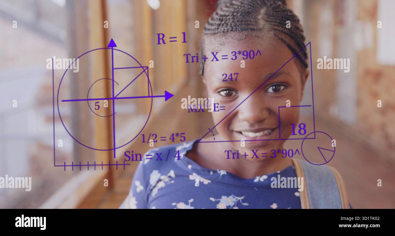 Lächelnder Student mit Denim-Rucksack, der in einem Backsteinflur läuft und lila mathematische Diagramme zeigt Stockfoto