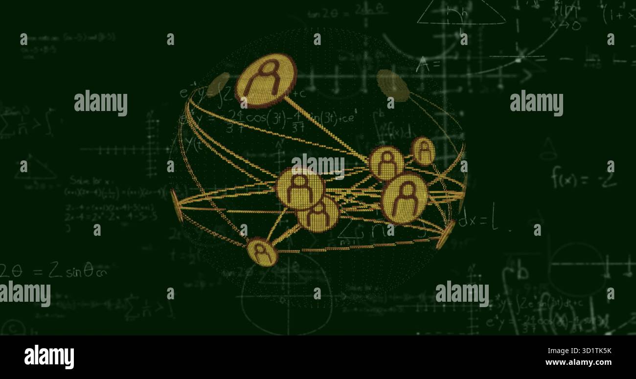 Zeigt ein sphärisches Netzwerk, das über einem grünen Feld leuchtet, mit gelben Linien, Knoten und mathematischen Formeln Stockfoto