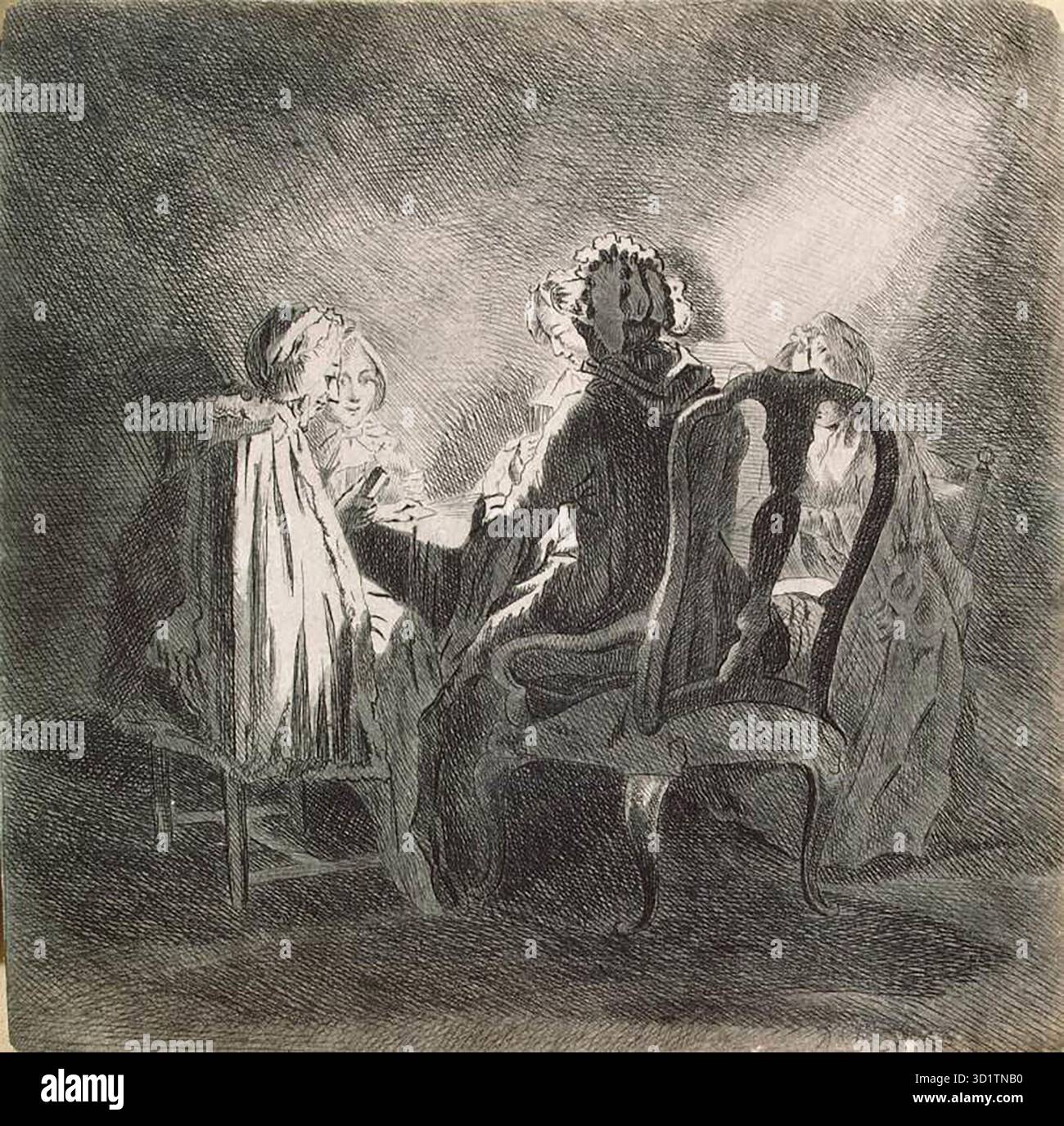 CHODOWIECKI, Daniel Nikolaus (* 1726, Danzig, d. 1801, Berlin) Cardplayers at a Large Table c. 1786 Etching, 114 x 117 mm The Eremitage, St. Petersburg --- Schlüsselwörter: ----------------- Autor: CHODOWIECKI, Daniel Nikolaus Titel: Kartenspieler an einem großen Tisch Zeitlinie: 1751-1800 Schule: Polnisch Form: Grafik Typ: Genre Stockfoto